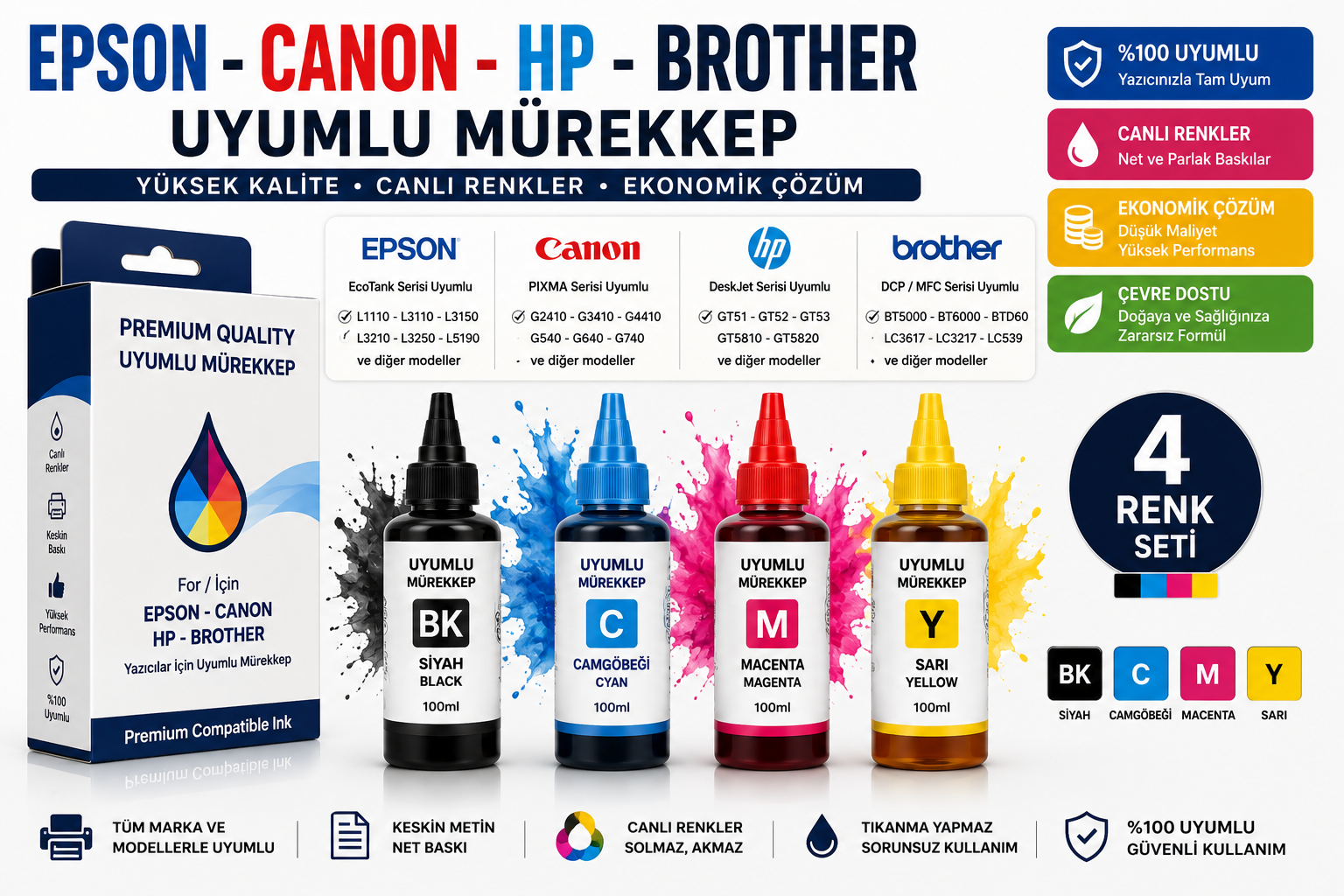 100ml Epson Canon HP Brother Uyumlu Mürekkep - Türkiye'nin En Ucuzu